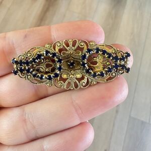 Vintage Jewelry Freirich Gold Filigree Blue Rhinestone Victorian Brooch French